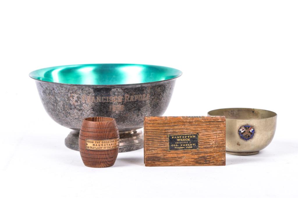 MARINE RELATED SOUVENIRS: 1) Bowl Fransico Rapoza 1976 2) small pewter like bowl with badge, 3) teak barrel "From Deck of Mauritania. 4) book from "Part of the Wreck recovered Royal George".