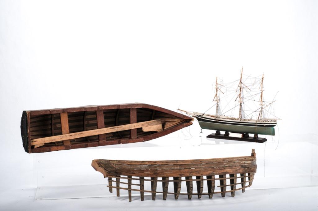 LOT OFTHREE SHIP MODELS: 1 half of a hull with framing, 30" long, 2) Hull model with canvas covering, 30", 3) Kit model "Sovereign of the Sea".
