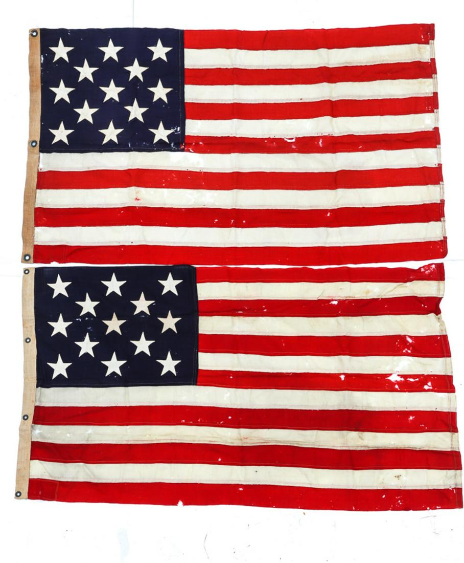 TWO THIRTEEN STAR AMERICAN FLAGS: 1) 13 star linen flag "USNY - JUL. 29, 1902" 32x 56". 2) 13 star Marked NAVY YARD NEW YORK DEC. 1896 50" x 60" Fair condition with holes and tears.