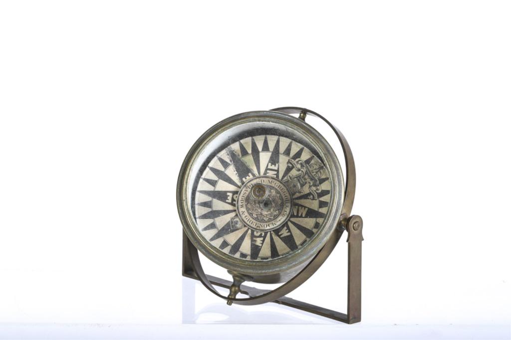 "D. McGREGOR & CO GLASGOW GREENOCH" COMPASS: 19th C. captain's tell-tale compass. Brass with paper compass card "D. McGREGOR & CO - GLASGOW GREENOCH". Compass is 5 1/2" in diameter plus gimbal and hanging bracket. McGregor worked mid 19th centur