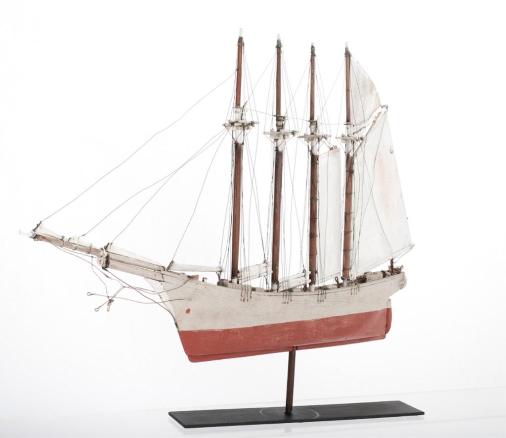 (19th /20th c) FOLK ART SCHOONER WEATHERVANE: Carved and painted wood. 29 x 48 x 2 1/2 inches (including stand)