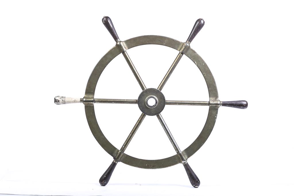 ANTIQUE NICKEL PLATED SHIP'S WHEEL: (6) Wooden handles. unmarked. 30 1/2 inches (diameter)