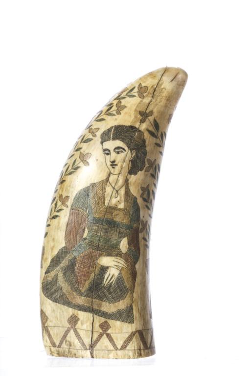 DOUBLE SIDED SCRIMSHAW WITH PORTRAITS OF LADIES: Large tooth with ladies on each side. 1) 3/4 portrait wearing blue, red and yellow dress, also wearing a locket. 2) Full length day wearing a blue, red and yellow and earring. Each side with colorful 