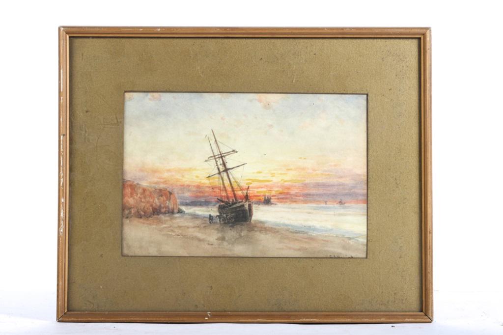 B.J. HARNETT (19th c): "Low Tide at Dusk" watercolor 7 x 10 1/2 inches. signed. framed 13 x 16 1/2 inches (overall)