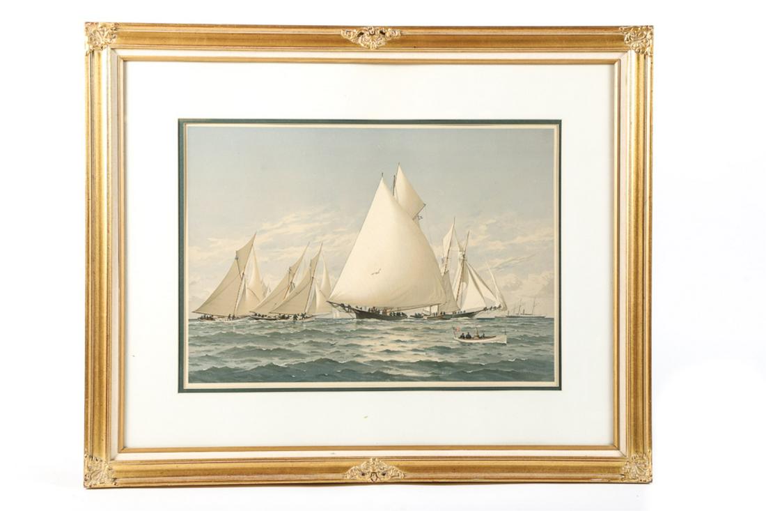 FREDERIC COZZENS (1846-1928): "In Down East Waters Boston Bay" chromolithograph 14 1/2 x 20 1/2 inches. signed in print and identified on label verso. framed. 26 x 31 inches (overall)