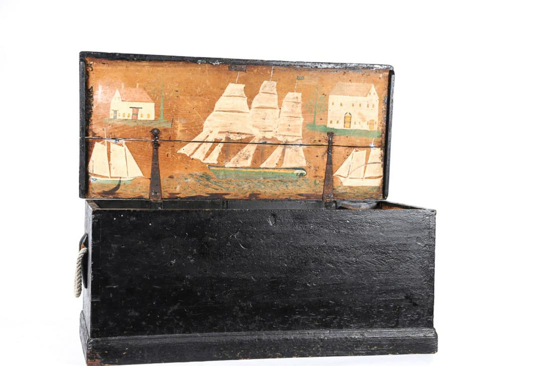 EARLY SEA CHEST WITH BECKETS: With a sperm whale of whale bone on top. Interior with several painted ships and buildings. 40" X 18" X 18". Worn condition. Some tools included. From Nantucket.