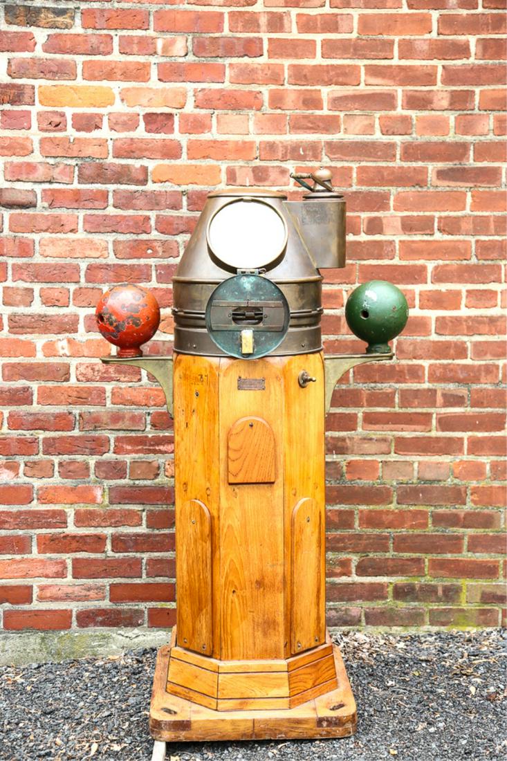FERRO GENOVA SHIP'S FLOOR STANDING BINNACLE: Ship's floor standing binnacle, brass late on front reads "N.V OBSERVATOR ROTTERDAM" Very good condition. made by Ferro Genova.