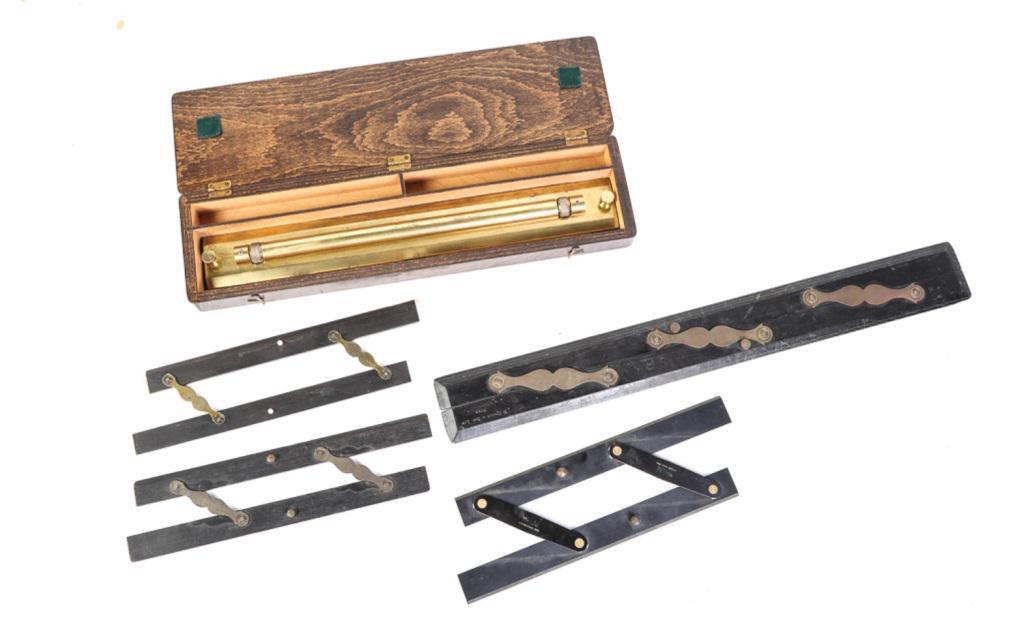 LOT OF FIVE (5) MAYLINE RULES: 1) Long 24” parallel rule made of ebony ad brass. 2) Ebony and brass parallel rule, 12” long. 3) Ebony, brass parallel rule. This instrument also with whale bone trim. 12” long. 4) Composite mat
