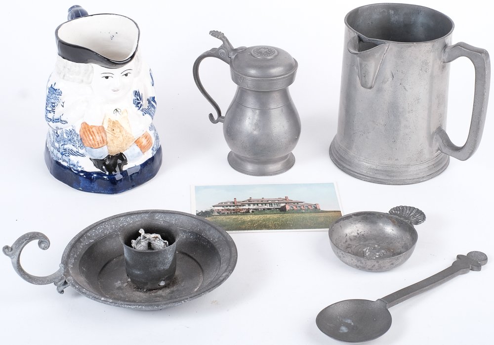 HAMMERSMITH FARM KITCHENWARE: Including: Staffordshire willoware Toby jug, miniature pewter porringer with dragon and shell handle, Stieff pewter tablespoon, pewter imperial half pint measure, pewter quart measure engraved "Wharf 
