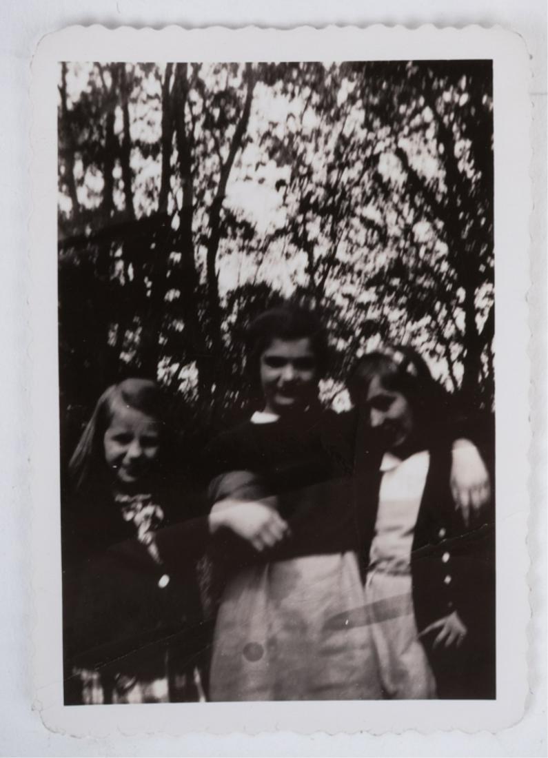 NINA AUCHINCLOSS, JACKIE & LEE BOUVIER circa 1940: Unpublished black and white candid photograph. 3 1/2 x 2 1/2 inches. Provenance: Hammersmith Farm, Newport, Rhode Island