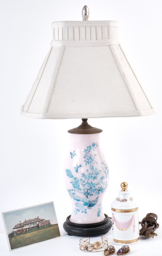 HAMMERSMITH FARM LAMP, DRESSER JAR & JEWELRY: Chinese reverse painted vasiform glass table lamp with turned wooden foot. 22 inches, Vista Alegre porcelain dresser jar hand painted with floral ropes and swags highlighted in gold 6 inches. And a gr