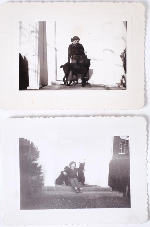 JACKIE BOUVIER on FRONT STEPS of MERRYWOOD w/ DOGS: Jackie with Tammie and Kappy, their dogs. February and March of 1943. Unpublished black and white photographs 3 x 4 1/4 inches (each)Provenance: Hammersmith Farm, Newport, Rhode Island