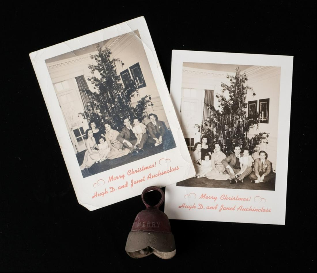 1948 AUCHINCLOSS REAL PHOTO CHRISTMAS CARDS: Merry Christmas Hugh D. and Janet Auchincloss Pair of single-sided Christmas cards including Jackie and (6) additional Auchincloss siblings in front of their Christmas tree 7 x 5 inches. Together with