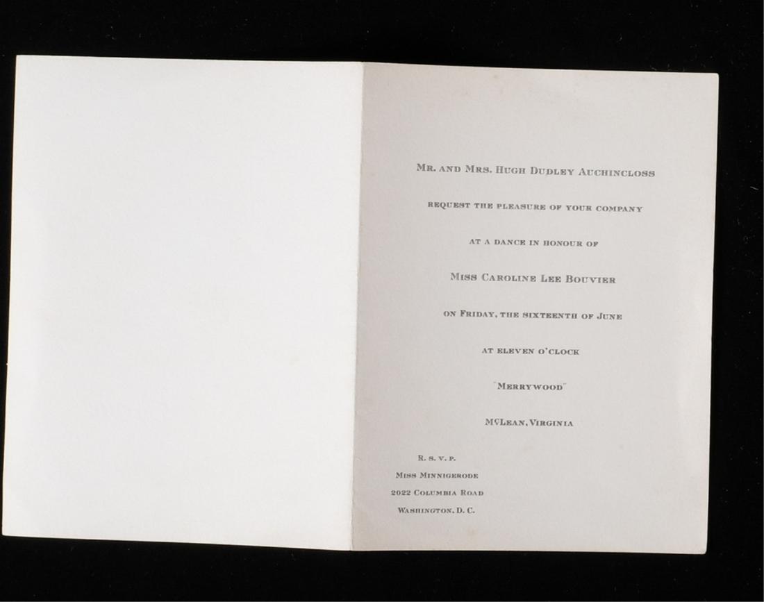 INVITATION TO CAROLINE LEE BOUVIER'S DANCE: From Mr. and Mrs. Hugh Dudley Auchincloss held at "Merrywood" June 16th, 1950. Blank inside bi-fold. 6 x 4 1/4 inches. Note: Caroline (later Lee Radziwill) was named debutant of the year in 1950 by He
