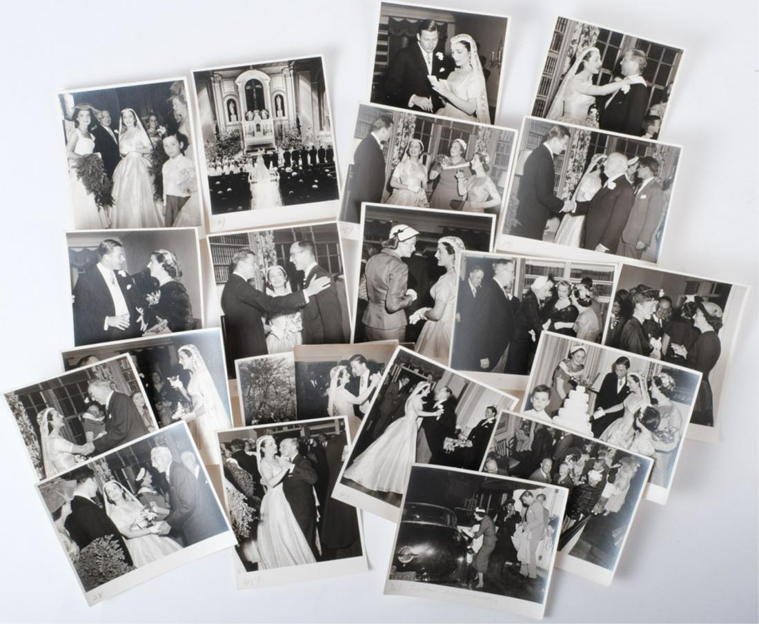 APRIL 18 1953 LEE BOUVIER MARRIES MICHAEL CANFIELD: (21) Photographs of Caroline Lee Bouvier's wedding to Michael Temple Canfield including: Lee with her sister and maid of honor Jackie and "Blackjack" before she walked down the aisle. 4 x 5 inches. Pr