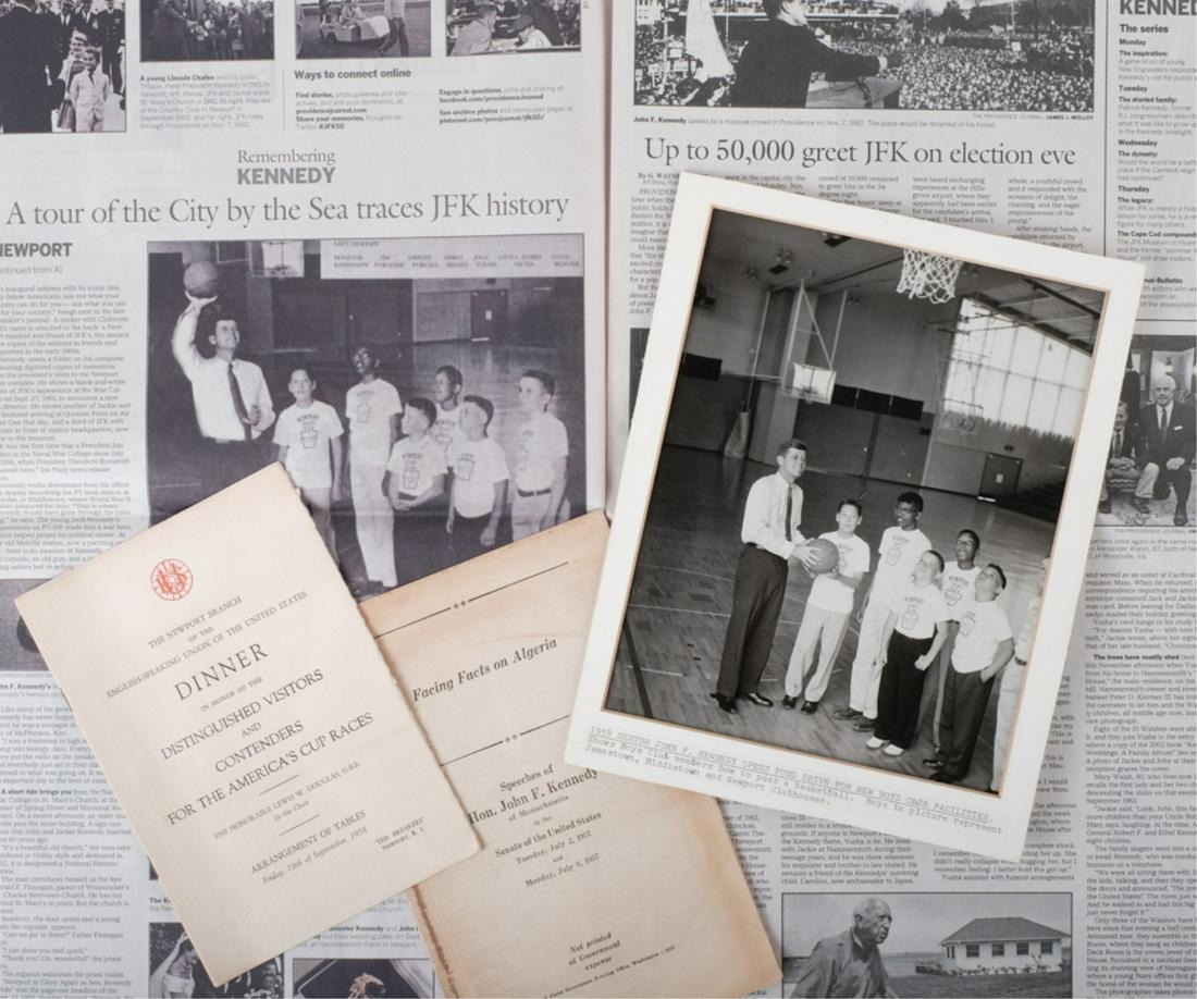 SEN. JOHN F. KENNEDY SPEECHES & BOY'S CLUB PHOTO: Facing Facts on Algeria speeches of Hon. John F. Kennedy July 2 and July 8, 1957. US Government Printing Office. 15pp saddle bound with inscription on back page in Kennedy's hand. Black and white phot