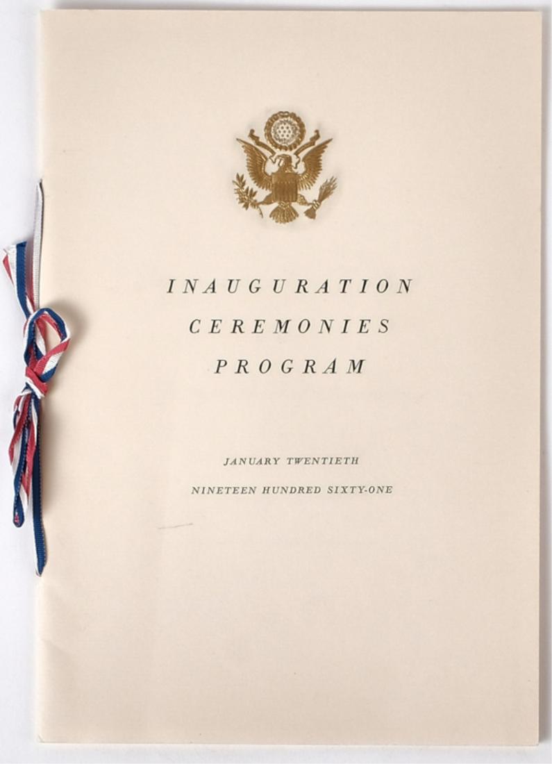 JOHN F. KENNEDY INAUGURATION CEREMONIES PROGRAM: (8) Page program including Inaugural Address by the President, Placess of Assembly, Entrance, Platform Tickets, Admission to Senate Wing - Automobiles and Regulations. bi-fold saddle bound with patrio