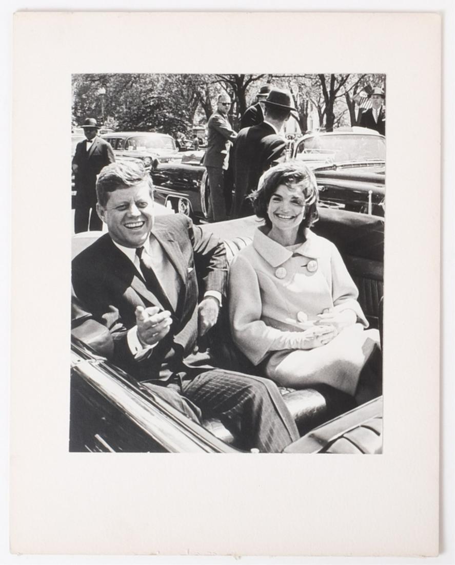 MAY 3, 1961 PRESIDENT KENNEDY & THE FIRST LADY: In front of Blair House, Washington, D.C. during the arrival ceremonies for Barb Bourguiba, President of Tunisia. black and white photograph mounted to card stock 7 x 5 3/4 inches, 10 x 8 inches (over