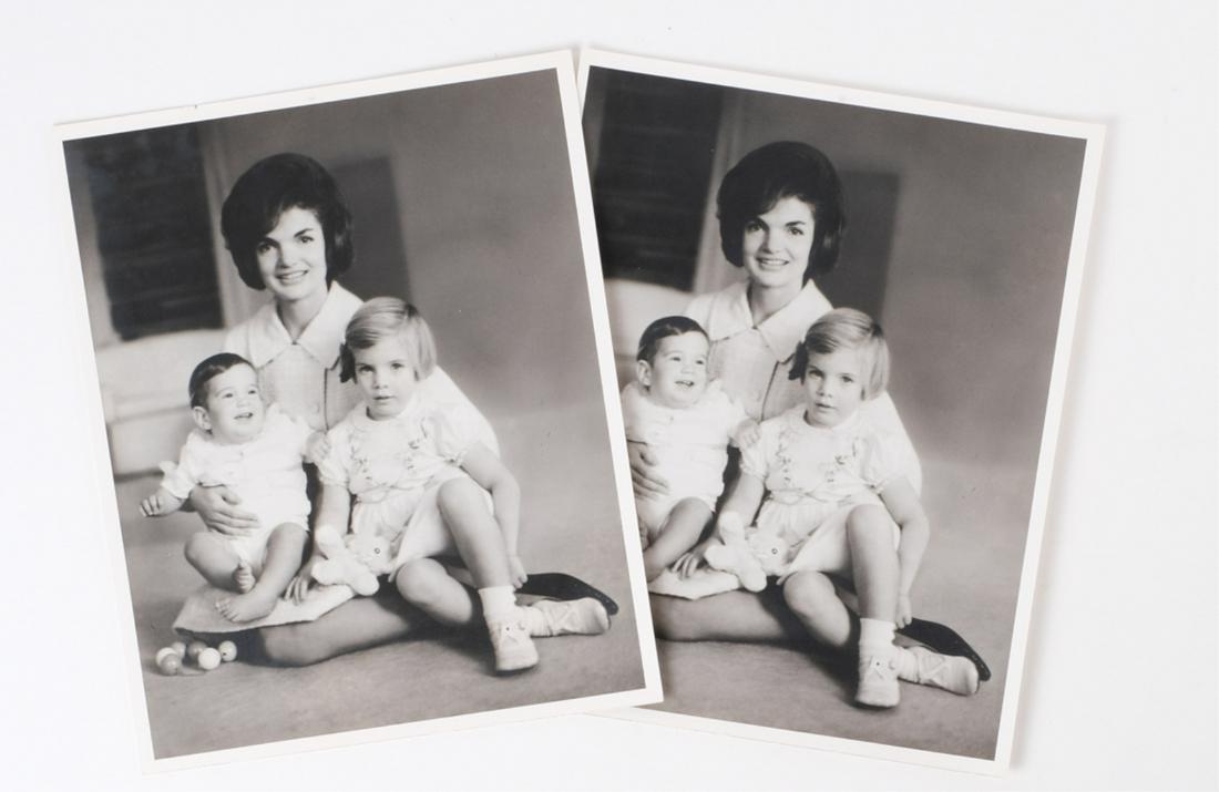 THE FIRST LADY w/ CHILDREN CAROLINE & JOHN JOHN: (2) Black and white 8 x 10 photographs with one annotated verso 1961. Provenance: Hammersmith Farm, Newport, Rhode Island