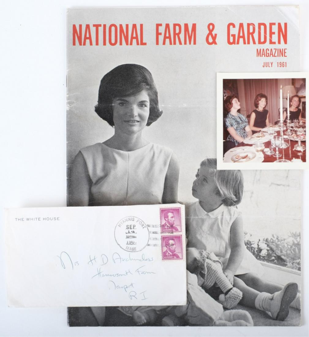 1961 PHOTOGRAPH OF FIRST LADY JACKIE, LEE & JANET: Photograph First Lady Jackie Kennedy mailed in "White House" stationary envelope to her mother (Mrs. H.D. Auchincloss) written in Jackie's hand. Postmarked Hyannis Port September 14, 1961. This unpubl