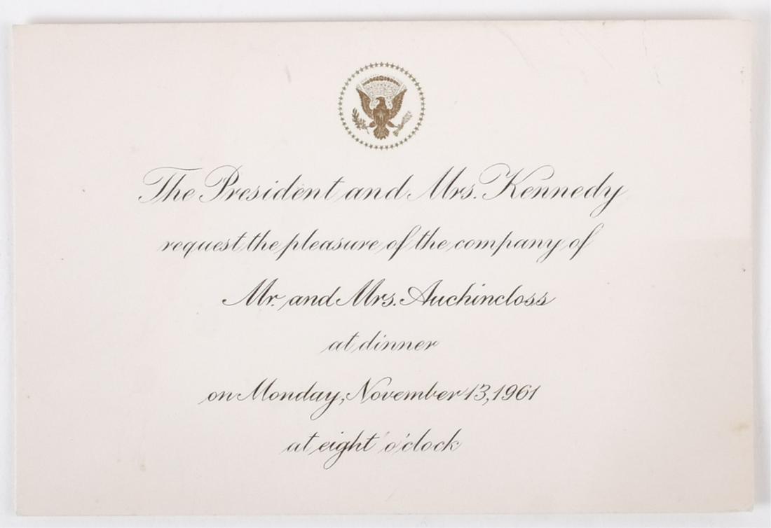 NOV. 13, 1961 PRESIDENTIAL DINNER INVITATION: The President and Mrs. Kennedy request the pleasure of the company of Mr. and Mrs. Auchincloss at dinner on Monday November 13, 1961 at eight o'clock. Card stock engraved with the seal of the presiden