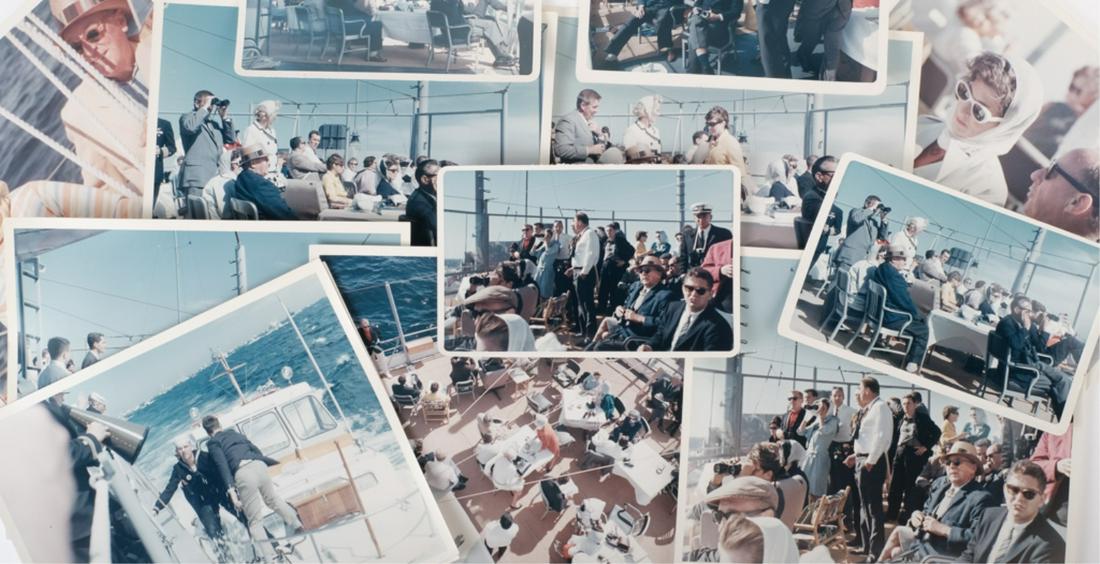 PRESIDENT KENNEDY & JACKIE at AMERICA'S CUP RACE: (9) 8 x 10 inch color photographs and (4) 4 3/4 x 7 1/2 inch color photographs taken by Robert Knudsen, office of the Naval Aide to the President. (September 15, 1962 on board the U.S.S. Joseph P. Ken