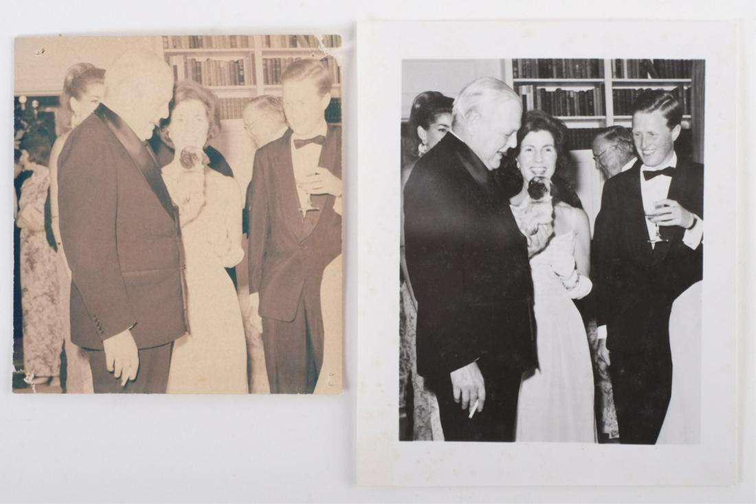 WINSTON & RANDOLPH CHURCHILL w/ JANET & "VENETIA": Venetia's, the new pug puppy debut at Janet's party- August 1963 color photograph 4 1/2 x 4 inches by Freudy Photos New York. and a second black and white example with a slightly different crop. 5 1/2