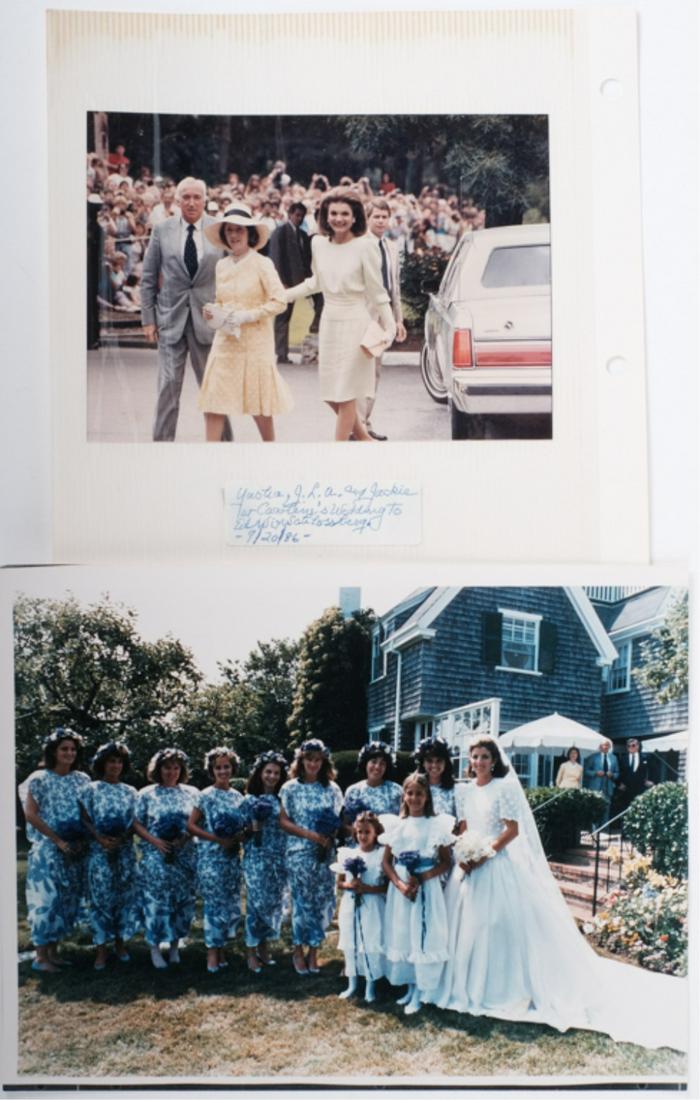 CAROLINE KENNEDY'S WEDDING & BRIDAL PARTY 1986: July 19th, Hammersmith Farm. (1) Caroline with Bridal party and Ted Kennedy standing on patio. 8 x 10 inch color photograph printed in January 1991 and (1) color photograph of Jackie, Yusha and Janet