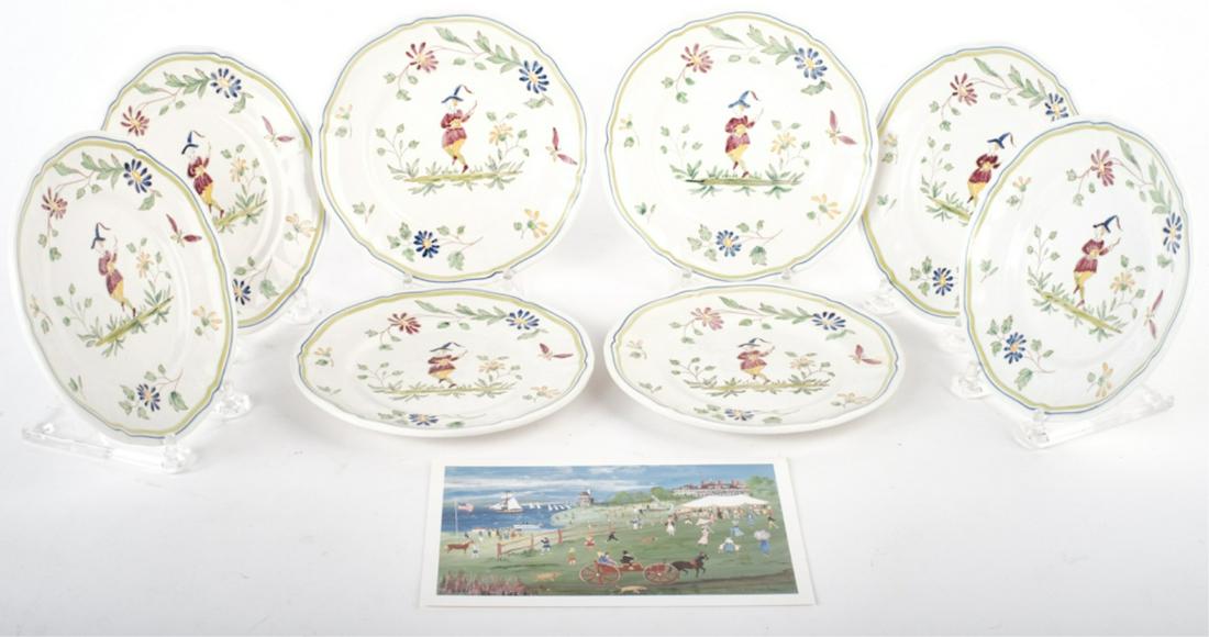 (8) MOUSTIERS HAND PAINTED BUTTER PLATES: By Longchamp. From Hammersmith Farms 6 1/4 inches. Together with a blank Hammersmith Farm note card.Provenance: Hammersmith Farm, Newport, Rhode Island