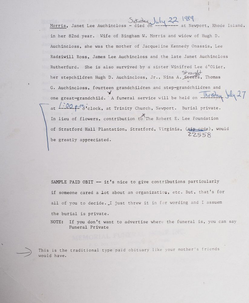 JACKIE KENNEDY: Death of Janet Lee Auchincloss Morris Saturday, July 22, 1989. Black and white portrait of Janet by Warolin of Paris. Handwritten notes by Jackie regarding flowers, flowers that went to the funeral ho