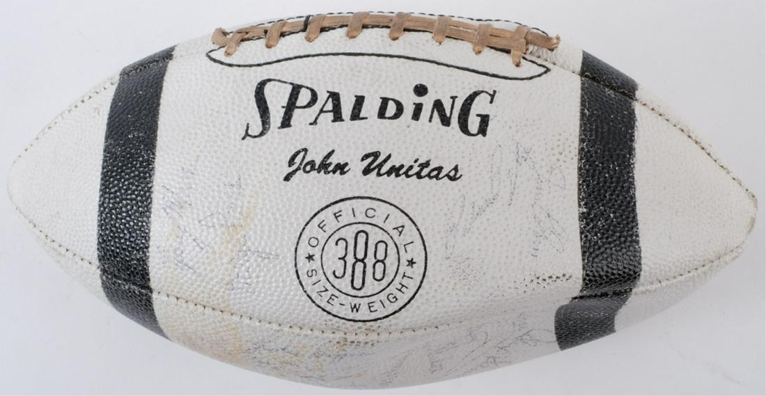 JOHN F KENNEDY GIFT / 1960 UNITAS & COLTS FOOTBALL: 1960 Spalding 388 "John Unitas" Dura-Hide white and black-striped football. Autographed by Johnny Unitas in print and in pen as well as by Colts players: Gino Marchetti, Art Donovan, Alex Sandusky, Al