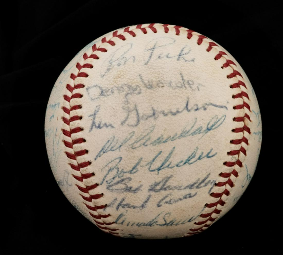 PRES KENNEDY 1963 GIFT / BRAVES AUTOGRAPH BASEBALL: Spaulding "Official Ball National League" Signed by members of the Braves including: Jojo White, Dixie Walker, Frank Funk, Joe Torre, Tom Aaron, Denny Lemaster, Ron Piche, Len Gabrielson, Del Crandall