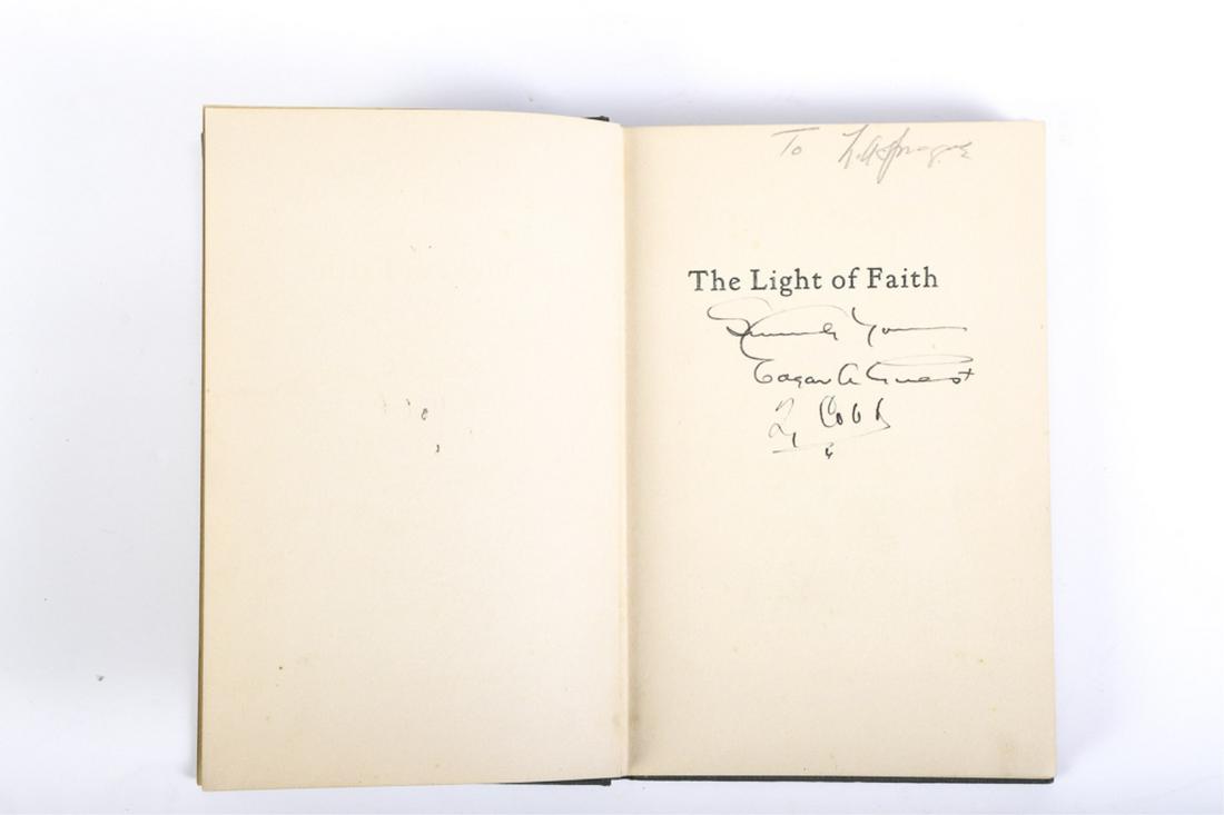 TY COBB SIGNED BOOK HOTEL STATLER SEPT 21, 1926: The Light of Faith signed by the author Edgar A. Guest and Ty Cobb beneath on title page. Hardcover cloth bound. 185pp. Published by The Reilly & Lee Co. Chicago. 1926.