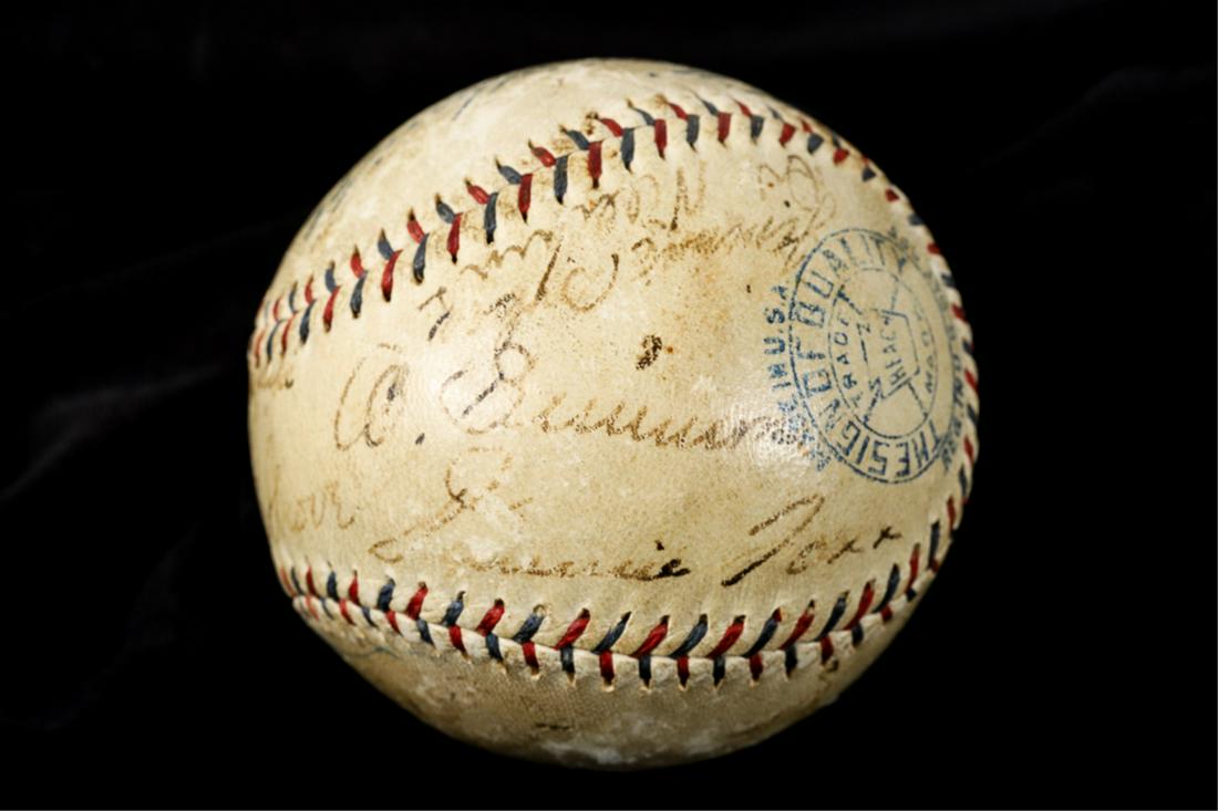 1932 PHILADELPHIA ATHLETICS SIGNED BASEBALL: Reach-Official American League multi-signed baseball. Signatures include: Hall of Famers- Jimmie Foxx, Lefty Grove, Eddie Collins, Al Simmons together with key players Max Bishop, Rube Walberg, Jimmy 