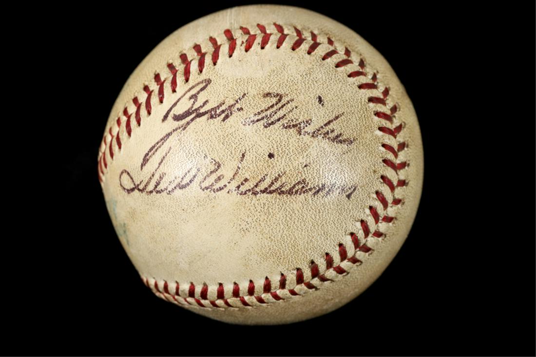 TED WILLIAMS AUTOGRAPHED BASEBALL: Reach-Official American League single signed baseball. "Best Wishes Ted Williams". Note: This autograph was collected by William Patrick Colpoys b.1913, former Fenway Park visiting team batboy circa 1