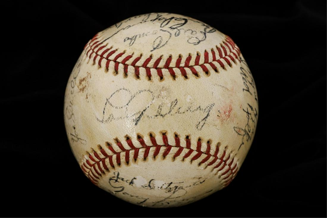 1935 NEW YORK YANKEES MULTI-AUTOGRAPHED BASEBALL: Reach Official American League Ball baseball with red stitching and (23) Yankee signatures, (5) of which being Hall of Fame members including: Lou Gehrig (HOF), Tony Lazzeri (HOF), Bill Dickey (HOF), 