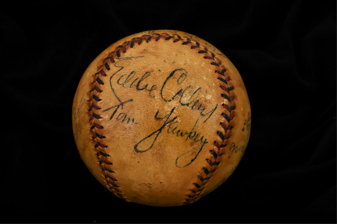 MULTI-AUTOGRAPHED BASEBALL: Spalding Official National League baseball with red and blue stitching and (7) signatures (3) of which being Hall of Fame members including: Eddie Collins (HOF), Hugh Duffy (HOF), Rube Marquard (HOF),