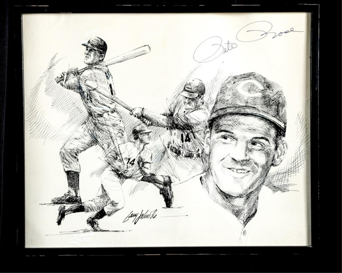 CINCINATTI REDS PETE ROSE SIGNED PEN & INK SKETCH: Pete Rose at Bat pen and ink sketch signed by the artist Larry Johnson (b. 1949). 20 x 24 inches (overall with frame). Note: For twenty five years Johnson was the Editorial Sports cartoonist for The B