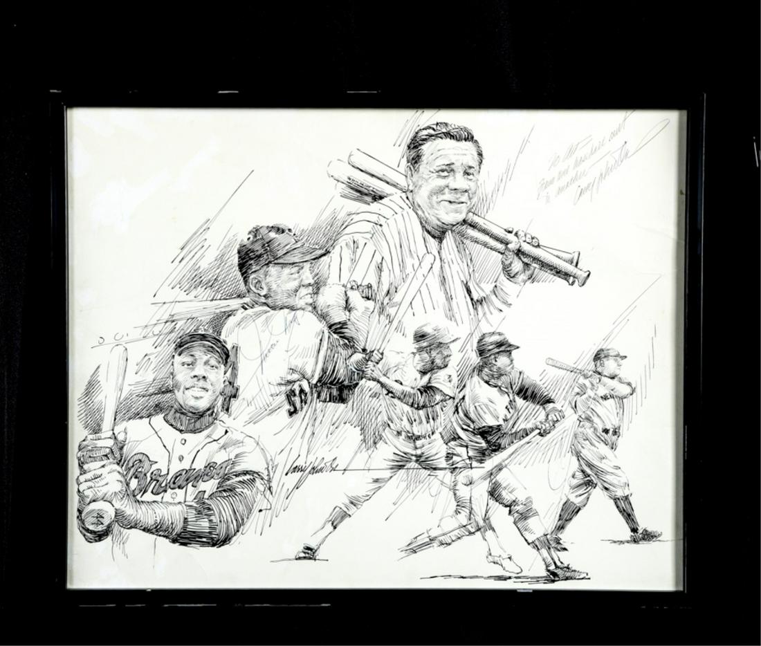 HANK AARON & WILLIE MAYS SIGNED PEN & INK SKETCH: Hank Aaron, Willie Mays and Babe Ruth pen and ink sketch annotated and signed by the artist Larry Johnson (b.1949). 19 x 25 inches (overall with frame) Note: For twenty five years Johnson was the Edit