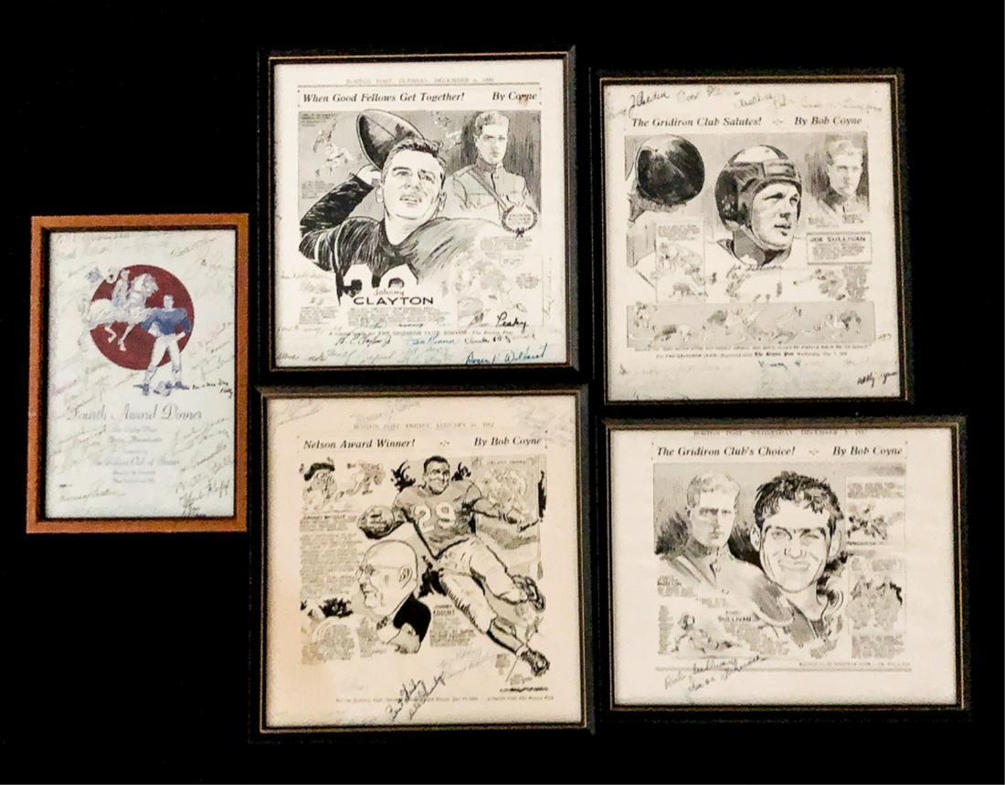 MULTI SIGNED GRIDIRON CLUB AWARD DINNERS: Nils Nelson Award for Sportsmanship 1950. 10 1/4 x 7 1/4 inches (overall framed). 1952 Signed: Bump Hadley, Nelson, Maurice J. Tobin, Joe Tomaseller, Drake N. etc. Reprint for the Gridiron Club-The Bo