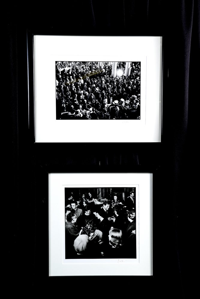 (2) JACQUES LOWE PHOTOGRAPHS OF JACKIE KENNEDY: Jack and Jackie on the Campaign in California, Signing Autographs, 1960 and "Inauguration Day January" signed and framed. 26 1/2 x 22 1/2 inches (overall and smaller) "From the exhibition "A Tribute t