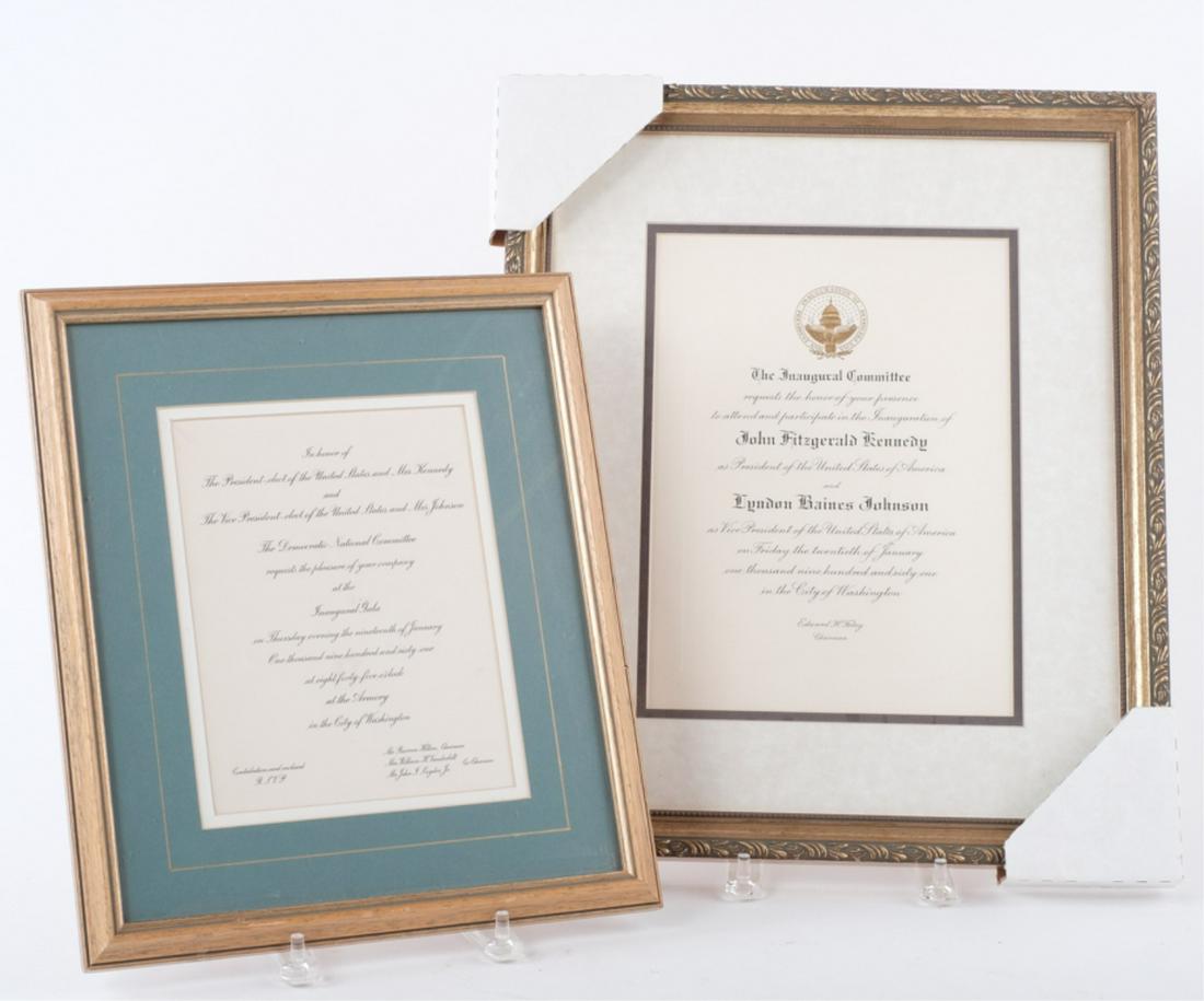 INAUGURATION OF JOHN F. KENNEDY JANUARY 20th 1961: Invitation to participate in the Inauguration of John F. Kennedy and Lyndon B. Johnson embossed in gold with the seal of the Inaugural Committee. Together with an Invitation to the Gala. framed 18 x 1
