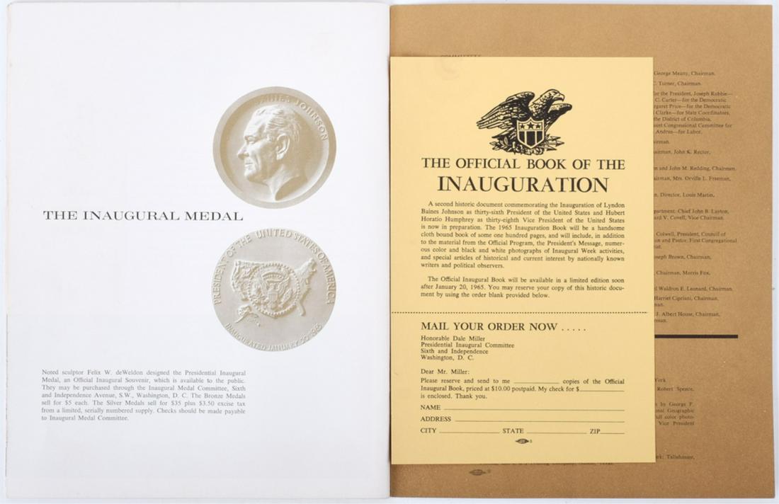 INAUGURATION OF LYNDON BAINES JOHNSON JANUARY 1965: Official Inaugural Program copyright 1965, The 1965 Presidential Inaugural Committee, Washington DC. 40pp.. saddle bound. Together with "Program" ribbon for the 45th Inaugural.