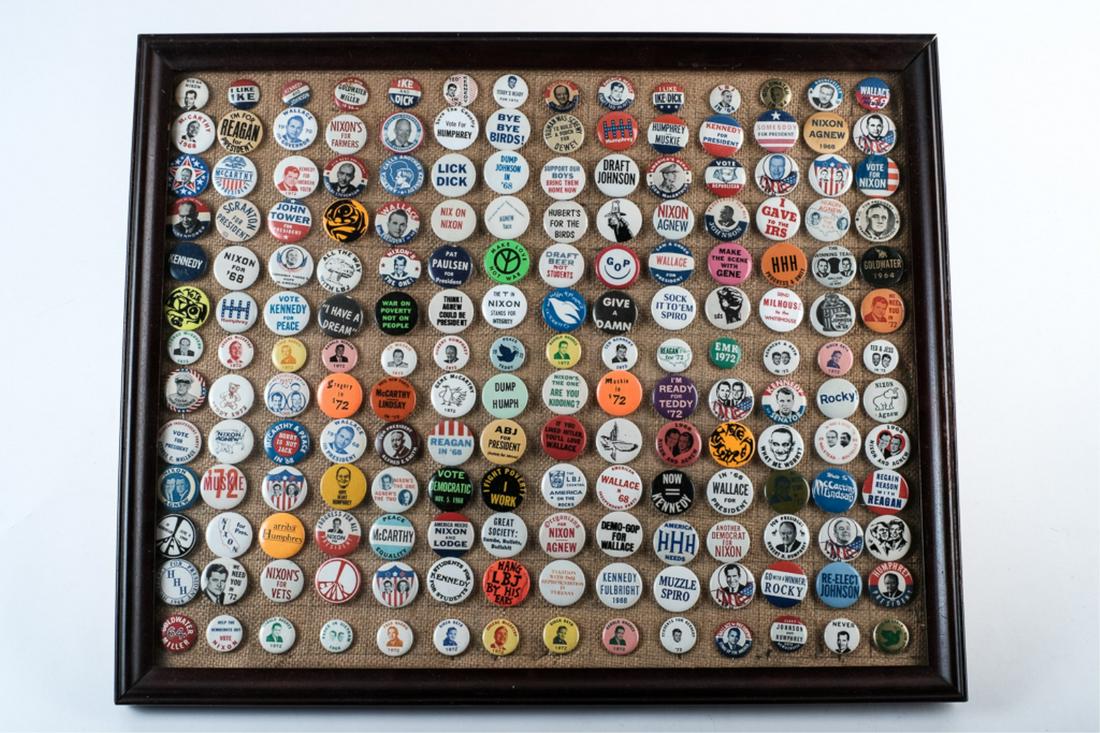 (OVER 150) PRESIDENTIAL & OTHER BUTTONS: Including: Nixon, Ike, Ted Kennedy, LBJ, Rockefeller, Wallace, McCarthy, Reagan, Muskie, Hughes, Bayh, Harris, Goldwater, etc. 1 1/4 inches (and under) presented in a 18 1/2 x 22 1/2 inch glazed shado