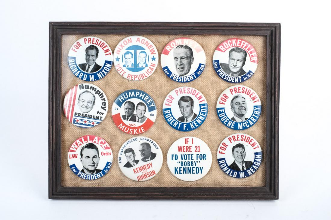 (12) PRESIDENTIAL CAMPAIGN BUTTONS: Including: Nixon, Nixon Agnew, Romney, Rockefeller, Humphrey, Humphrey and Muskie, Robert Kennedy, Eugene McCarthy, Wallace, Kennedy and Johnson, and Reagan 3 1/2 inch buttons presented in a glazed sh