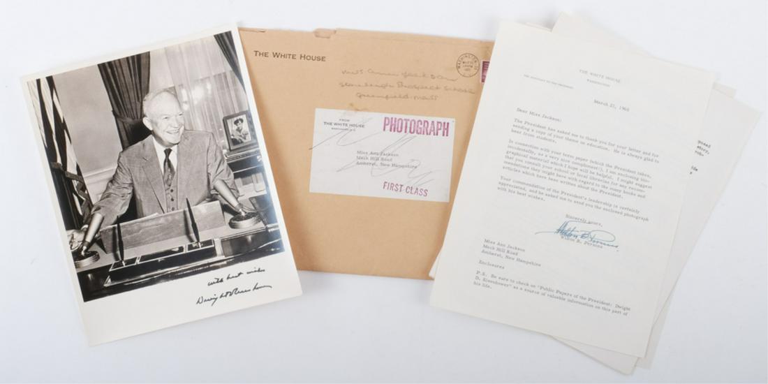 DWIGHT D. EISENHOWER PHOTOGRAPH & BIOGRAPHY: Packet. To Miss Jackson in response to a term paper she had been working on regarding the President. Included in original manila envelope with The White House return address is an 8 x 10 inch photogra