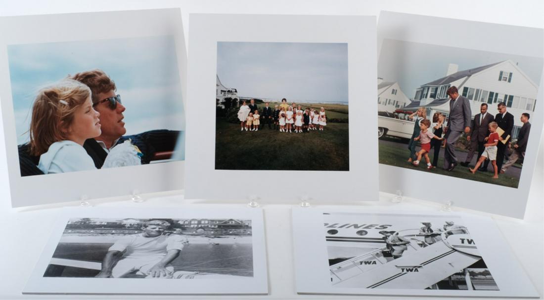(5) JOHN F KENNEDY FAMILY LARGE FORMAT PHOTOGRAPHS: J.F.K. and Caroline in Hyannis Port, J.F.K. and children in Hyannis Port, Rose Kennedy with grandchildren in Hyannis Port, Senator J.F.K. disembarking TWA jet, and J.F.K. in Hyannis Port. Each mounted