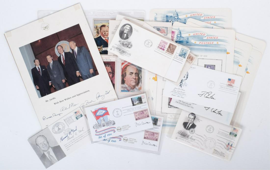 PRESIDENT SIGNED FIRST DAY COVERS etc: (2) Bill Clinton signed cover envelopes numbered 92 and 93 of 150 and postmarked January 3, 1986 commemorating Arkansas' 150th anniversary, (2) Different James Earl Carter inauguration day covers post