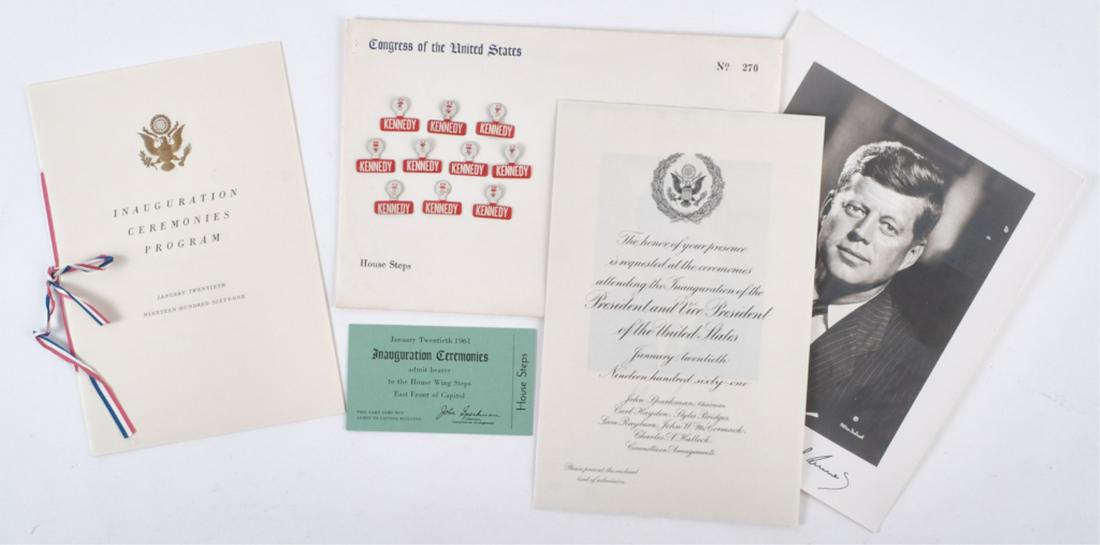 1961 JOHN F. KENNEDY INAUGURATION INVITATION #270: Bi-fold invitation bearing the Great Seal of the President and containing the portraits of Kennedy and Johnson, Bi-fold ribbon bound Inauguration Ceremonies Program and Ticket to House Steps together 