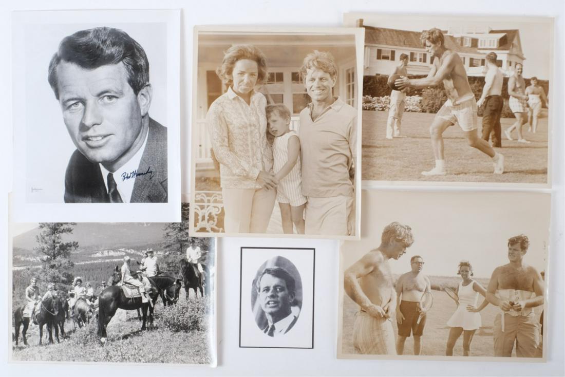 ROBERT F. KENNEDY FAMILY PHOTOGRAPHS etc.: (3) "Tennis/ Football" with Art Buchwald, Ted, Bobby and Ethel circa 1965. 8 x 10 inches signed Robert Dixon (photographer), (1) "R.F.K. and family horseback riding" and (1) "RFK Portrait" autopen sig
